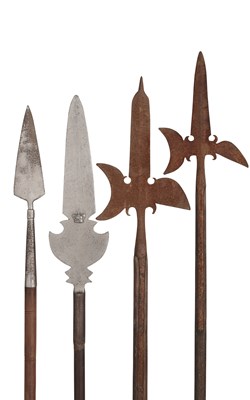 Lot 448 - TWO PROCESSIONAL HALBERDS, A THEATRICAL PARTISAN, AND A SPEAR, 19TH CENTURY AND LATER
