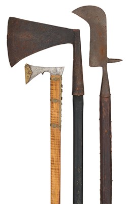 Lot 447 - A BILLHOOK, AND TWO AXES, 19TH CENTURY OR EARLIER