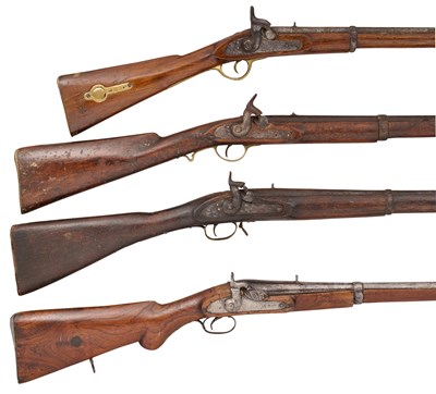 Lot 385 - FOUR INDIAN PERCUSSION SERVICE MUSKETS IN THE BRITISH MANNER, 19TH CENTURY