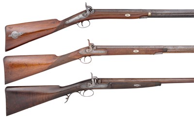 Lot 479 - THREE PERCUSSION SPORTING GUNS, THE FIRST SIGNED W. M. HONTON, THE SECOND SIGNED TEASDALE, DURHAM