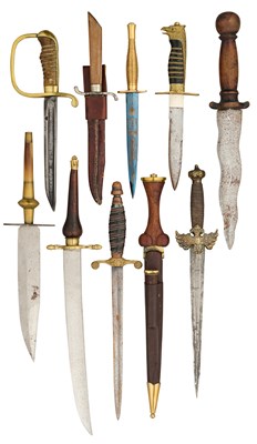 Lot 410 - A REPRODUCTION BALLOCK DAGGER, TWO PLUG BAYONETS, AND SEVEN OTHER VARIOUS DAGGERS
