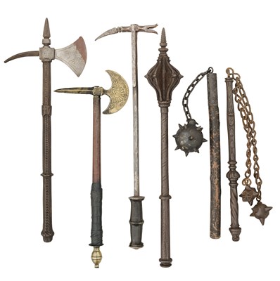 Lot 411 - A DECORATIVE MACE, THREE WAR-HAMMERS, AND TWO BALL AND CHAIN FLAILS