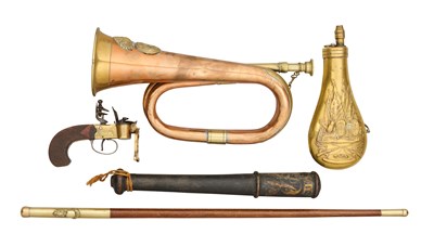 Lot 451 - THIRTEEN VARIOUS POWDER-FLASKS, A FLINTLOCK TINDER-LIGHTER, A GEORGE III TIPSTAFF