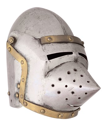 Lot 463 - A MINIATURE BASCINET, A MINIATURE CLOSE-HELMET, TWO DECORATIVE COPPER-ALLOY HELMETS