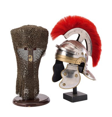 Lot 456 - A MODERN REPRODUCTION ROMAN HELMET, AND A MODERN REPRODUCTION NORMAN POT HELMET WITH MAIL OUTER
