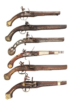 Lot 393 - SIX DECORATIVE OTTOMAN AND NORTH AFRICAN FLINTLOCK PISTOLS, 19TH CENTURY AND LATER