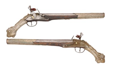 Lot 391 - A PAIR OF OTTOMAN FLINTLOCK HOLSTER PISTOLS MOUNTED IN SILVER FILIGREE, 19TH CENTURY
