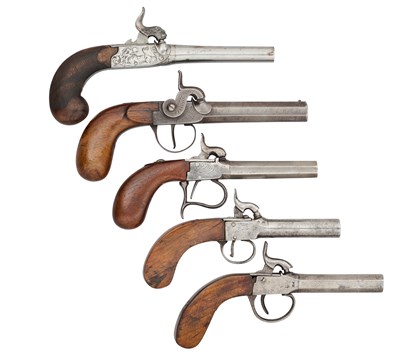 Lot 492 - FIVE CONTINENTAL PERCUSSION BOX-LOCK POCKET PISTOLS, ALL MID-19TH CENTURY