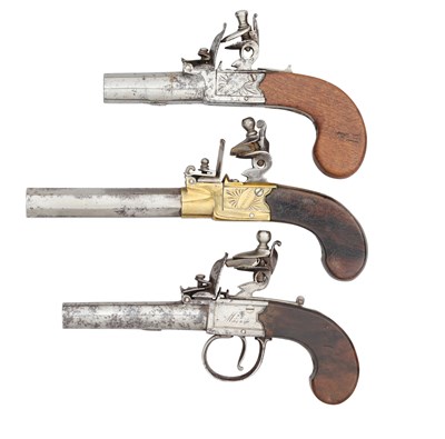Lot 487 - THREE FLINTLOCK BOX-LOCK POCKET PISTOLS, THE FIRST SIGNED RYAN & CO., LONDON, THE SECOND SIGNED