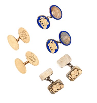 Lot 345 - CROPP & FARR: PAIR OF GOLD CUFFLINKS AND TWO PAIRS OF SILVER AND GOLD CUFFLINKS BY ASPREY