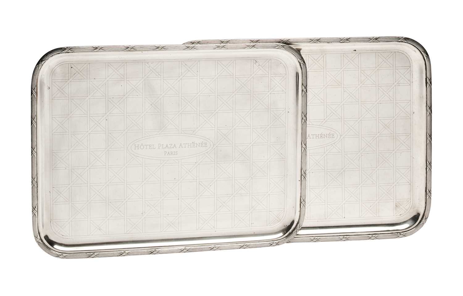 Lot 42 - A PAIR OF FRENCH ELECTROPLATE TRAYS FOR THE HOTEL PLAZA ATHENEE, MAISON PUIFORCAT, PARIS, MID 20TH CENTURY