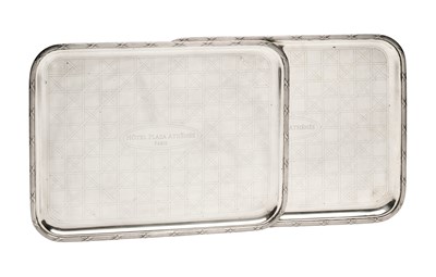 Lot 42 - A PAIR OF FRENCH ELECTROPLATE TRAYS FOR THE HOTEL PLAZA ATHENEE, MAISON PUIFORCAT, PARIS, MID 20TH CENTURY