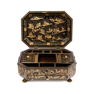 Lot 79 - A CHINESE EXPORT LACQUER GAMES BOX AND HINGED COVER, QING DYNASTY, 19TH CENTURY