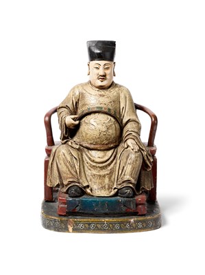 Lot 29 - A CHINESE CARVED WOOD AND GESSO FIGURE OF A SEATED DIGNITARY, QING DYNASTY