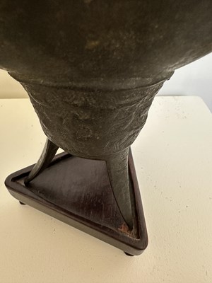 Lot 59 - A PAIR OF ARCHAISTIC BRONZE LIBATION CUPS, JUE, MING DYNASTY