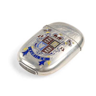Lot 615 - A VICTORIAN GOLDEN JUBILEE COMMEMORATIVE SILVER AND ENAMEL VESTA CASE, A.E. ROBINSON, BIRMINGHAM, 1886