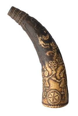 Lot 360 - A NORWEGIAN COW HORN POWDER-FLASK, MID-17TH CENTURY