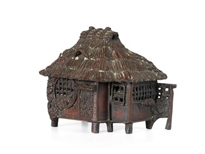 Lot 143 - A JAPANESE BRONZE KORO AND COVER IN THE FORM OF A KUZUYA (TEA HOUSE), LATE MEIJI PERIOD, CIRCA 1900