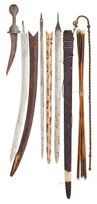 Lot 111 - AN INDIAN DAGGER, THREE SWORD-BLADES, AND SEVEN INDIAN ARROWS, MOSTLY 19TH CENTURY