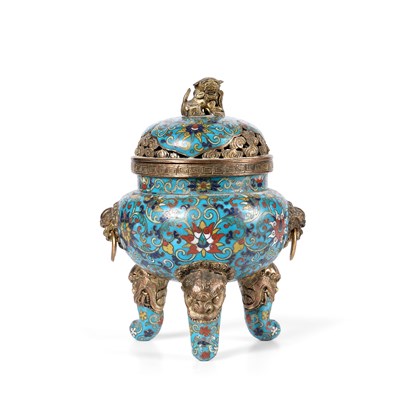 Lot 70 - A CHINESE PARCEL-GILT AND CLOISONNE ENAMEL TRIPOD CENSER AND COVER, QIANLONG MARK AND PERIOD
