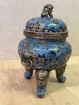 Lot 70 - A CHINESE PARCEL-GILT AND CLOISONNE ENAMEL TRIPOD CENSER AND COVER, QIANLONG MARK AND PERIOD