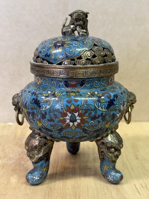 Lot 70 - A CHINESE PARCEL-GILT AND CLOISONNE ENAMEL TRIPOD CENSER AND COVER, QIANLONG MARK AND PERIOD