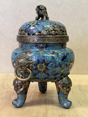 Lot 70 - A CHINESE PARCEL-GILT AND CLOISONNE ENAMEL TRIPOD CENSER AND COVER, QIANLONG MARK AND PERIOD