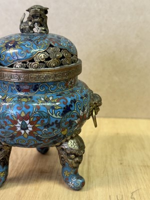 Lot 70 - A CHINESE PARCEL-GILT AND CLOISONNE ENAMEL TRIPOD CENSER AND COVER, QIANLONG MARK AND PERIOD