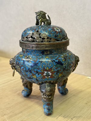 Lot 70 - A CHINESE PARCEL-GILT AND CLOISONNE ENAMEL TRIPOD CENSER AND COVER, QIANLONG MARK AND PERIOD