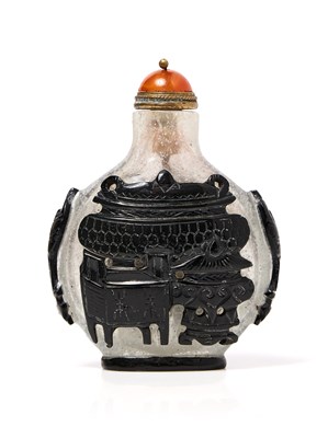 Lot 117 - A BLACK GLASS OVERLAY SNOW FLAKE SNUFF BOTTLE, QING DYNASTY, 19TH CENTURY