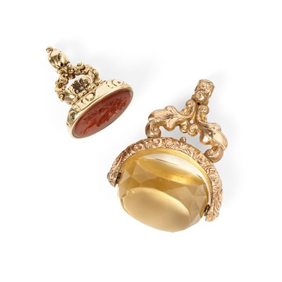 Lot 158 - TWO GOLD CASED AND HARDSTONE FOB SEALS, ENGLISH, 19TH CENTURY