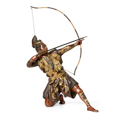Lot 136 - A LARGE JAPANESE GILT-BRONZE AND MULTI-PATINATED OKIMONO OF A SAMURAI ARCHER BY JUKO, MEIJI PERIOD (1868-1912)