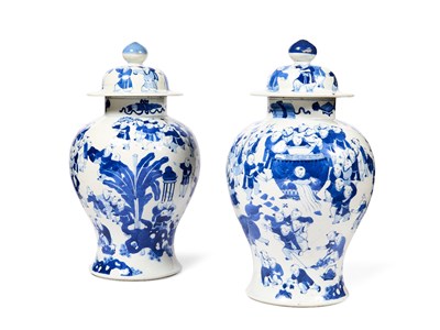 Lot 11 - A LARGE PAIR OF CHINESE BLUE AND WHITE 'HUNDRED BOYS' VASES AND COVERS, QING DYNASTY, 18TH CENTURY
