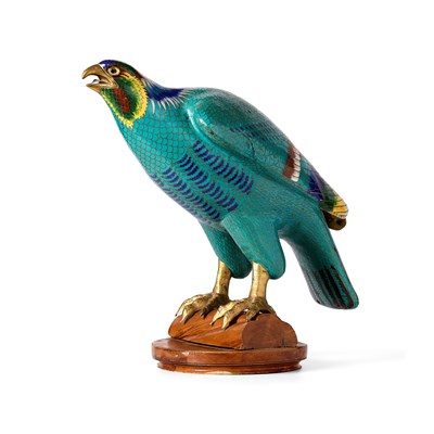 Lot 71 - A LARGE CHINESE CLOISONNE ENAMEL AND GILT-BRONZE MODEL OF A HAWK, 20TH CENTURY