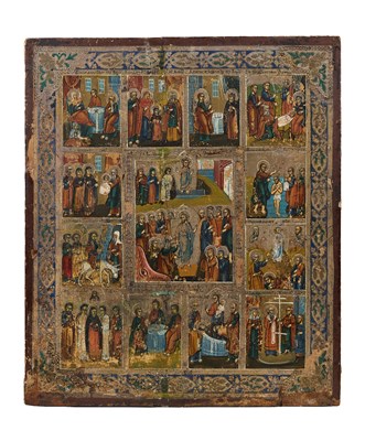 Lot 62 - A RUSSIAN ICON OF THE RESURRECTION AND GREAT FEASTS, VILLAGE SCHOOL, LATE 19TH CENTURY