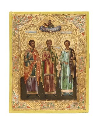 Lot 63 - A RUSSIAN ICON OF THE THREE MARTYR OF EDESSA, MSTERA OR MOSCOW WORKSHOP, 1910s
