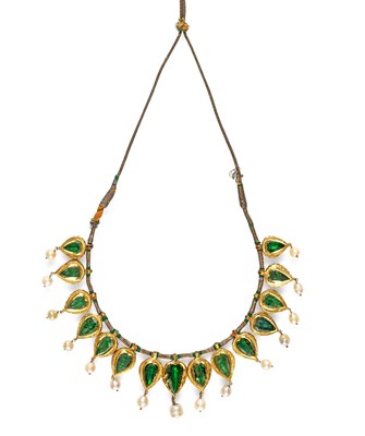 Lot 384 - INDIAN EMERALD, PEARL, GOLD AND ENAMEL NECKLACE, 1880s