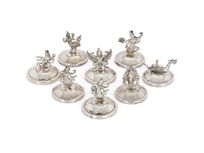 Lot 66 - EIGHT THAI SILVER PLACECARD (OR MENU) HOLDERS, CIRCA 1930