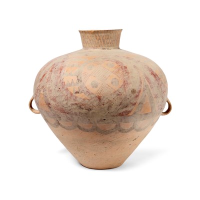 Lot 45 - A CHINESE PAINTED RED POTTERY JAR, NEOLITHIC PERIOD, MAJIAYAO CULTURE, BANSHAN TYPE, CIRCA 3RD MILLENIUM BC