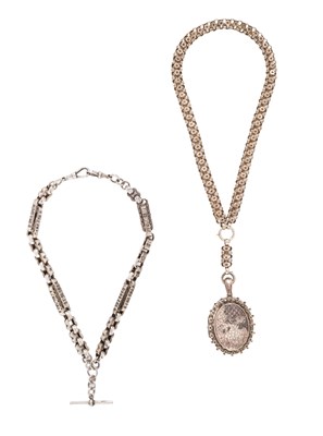 Lot 373 - VICTORIAN SILVER NECKLACE AND LOCKET, 1881 AND A SILVER ALBERT CHAIN