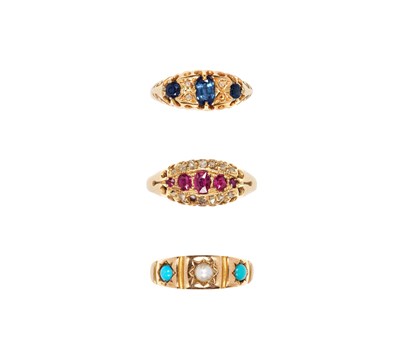 Lot 364 - THREE GOLD AND GEM-SET RINGS, 1900s