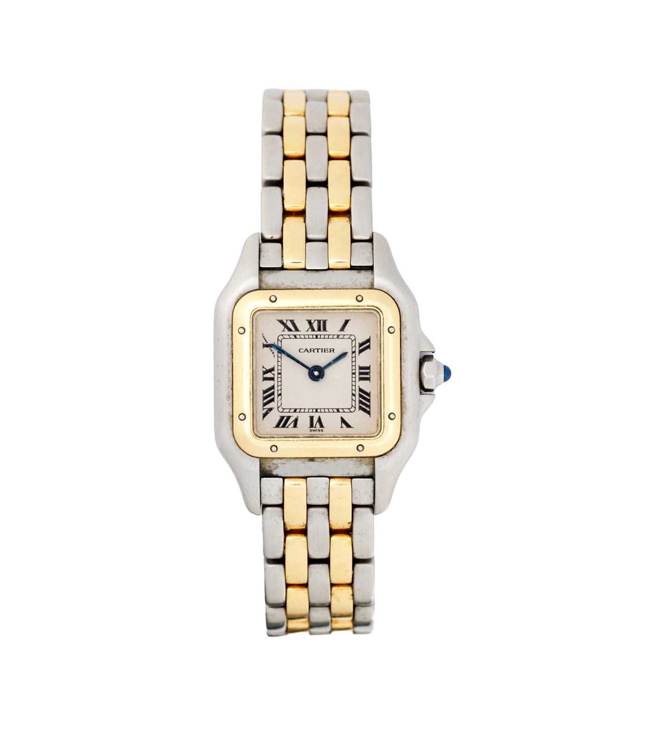 Lot 339 - CARTIER, PANTHERE, REF.1120: LADY'S GOLD AND STAINLESS STEEL BRACELET WATCH, CIRCA 1997