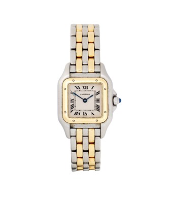 Lot 339 - CARTIER, PANTHERE, REF.1120: LADY'S GOLD AND STAINLESS STEEL BRACELET WATCH, CIRCA 1997