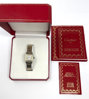 Lot 339 - CARTIER, PANTHERE, REF.1120: LADY'S GOLD AND STAINLESS STEEL BRACELET WATCH, CIRCA 1997