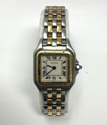 Lot 339 - CARTIER, PANTHERE, REF.1120: LADY'S GOLD AND STAINLESS STEEL BRACELET WATCH, CIRCA 1997