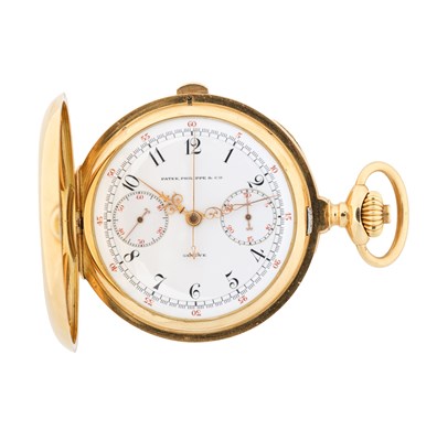 Lot 303 - PATEK PHILIPPE, CHRONOGRAPH: GOLD HUNTER CASED POCKET WATCH, CIRCA 1908
