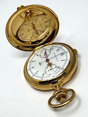 Lot 303 - PATEK PHILIPPE, CHRONOGRAPH: GOLD HUNTER CASED POCKET WATCH, CIRCA 1908