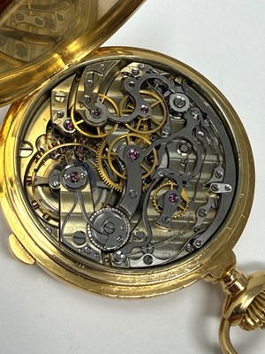 Lot 303 - PATEK PHILIPPE, CHRONOGRAPH: GOLD HUNTER CASED POCKET WATCH, CIRCA 1908