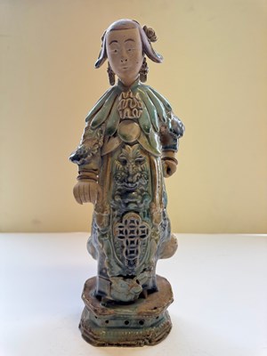 Lot 83 - A PAIR OF CHINESE SHIWAN GLAZED STONEWARE FIGURES OF COURT LADIES, QING DYNASTY, CIRCA 1900