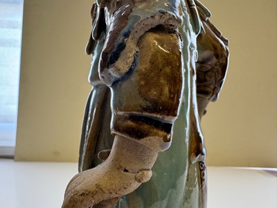 Lot 83 - A PAIR OF CHINESE SHIWAN GLAZED STONEWARE FIGURES OF COURT LADIES, QING DYNASTY, CIRCA 1900